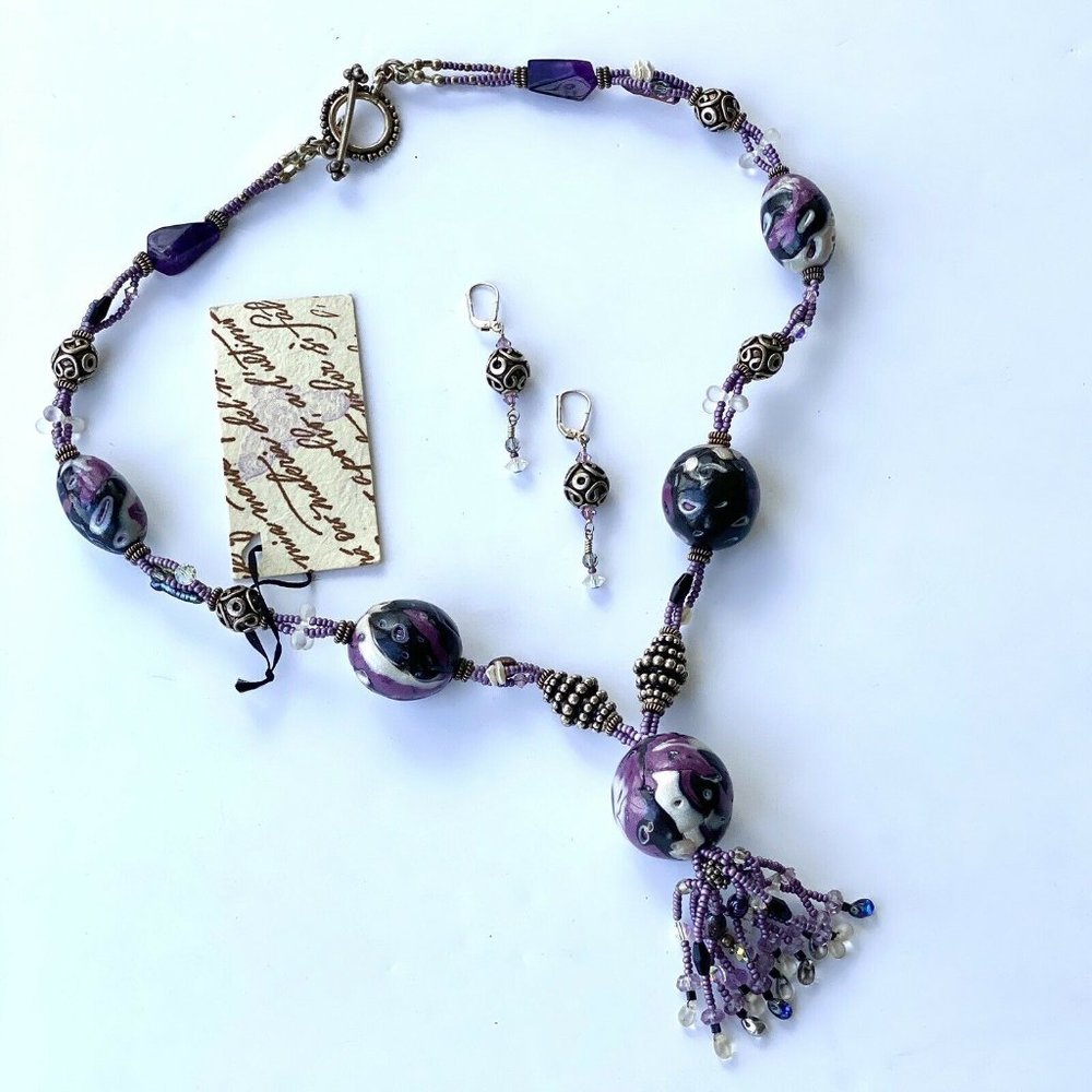 Purple Passion OOAK Necklace Earring Jewelry Set Mokume Gane Amethyst Pearls SS